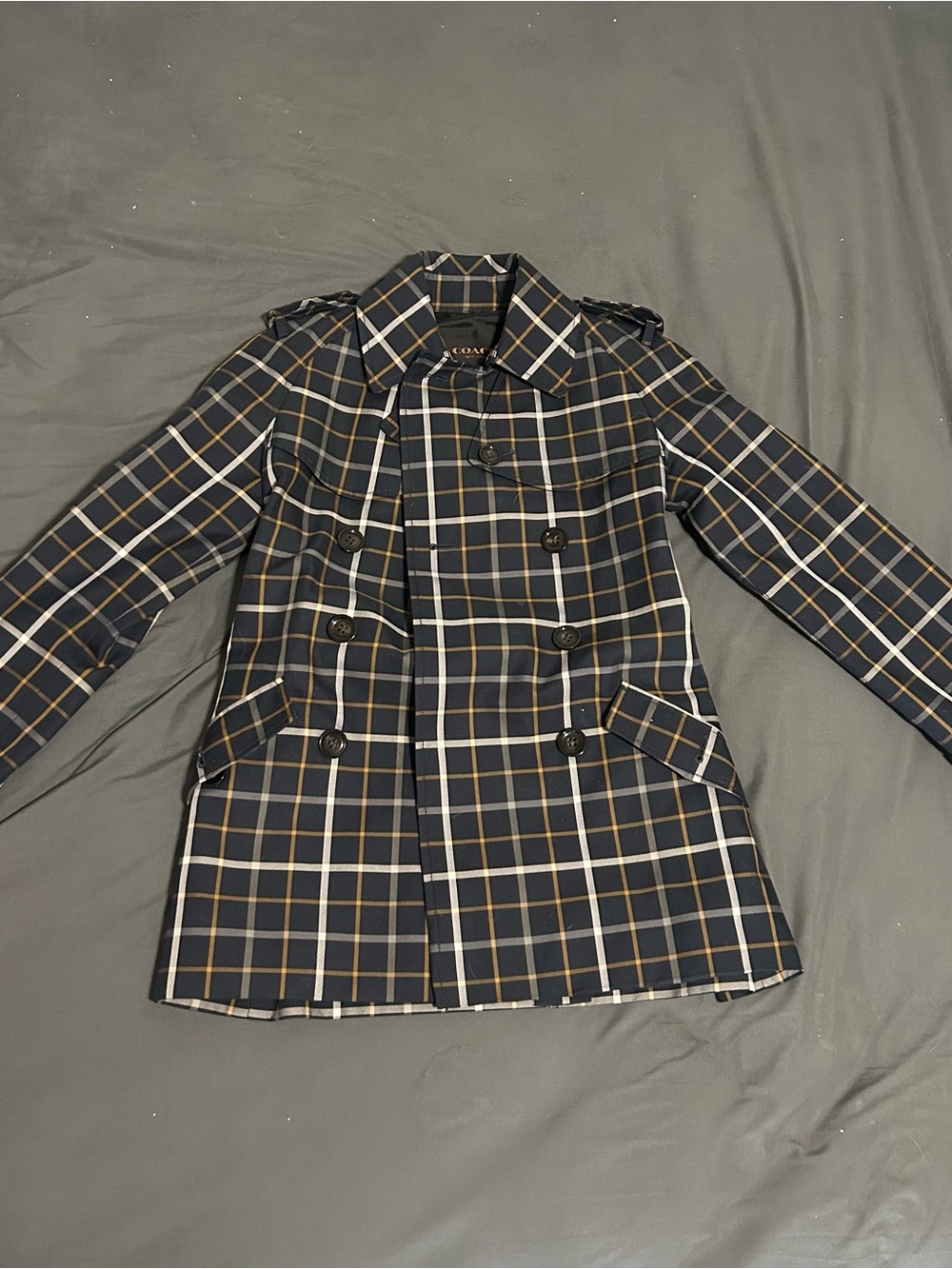 Coach Navy Plaid Double-Breasted Trench Coat